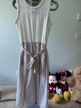 Brand new!!!J Crew Cream and Light Brown Striped Tank Dress with Tie Belt size M